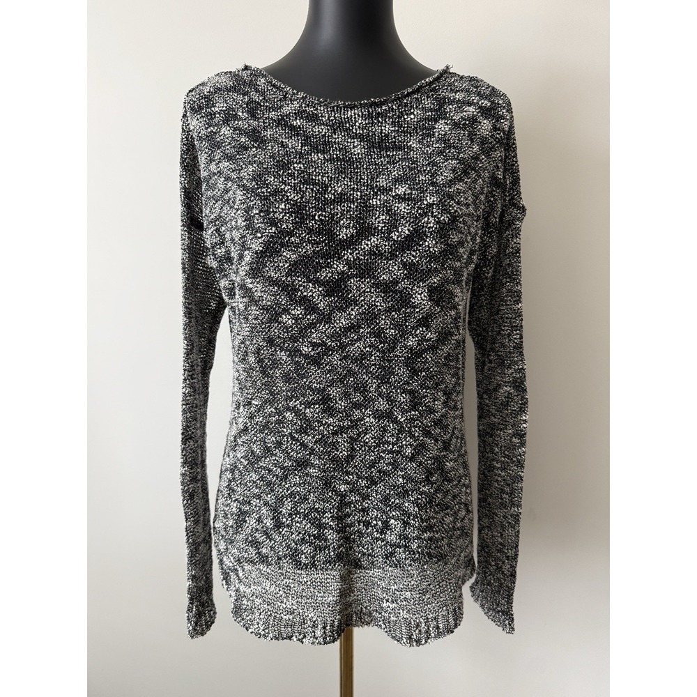 LILLA P Women's S Long Sleeve Black White Marled Mesh Sweater Lightweight
